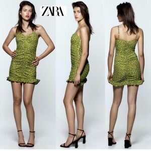 Zara green white polkadot ruched ruffle frill flounced hem mini dress bodycon XS